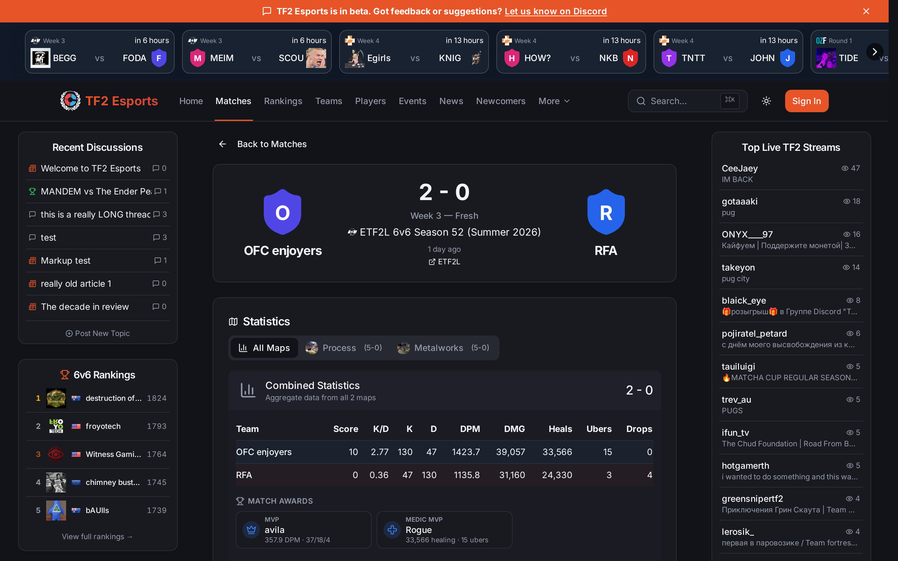 A completed match page